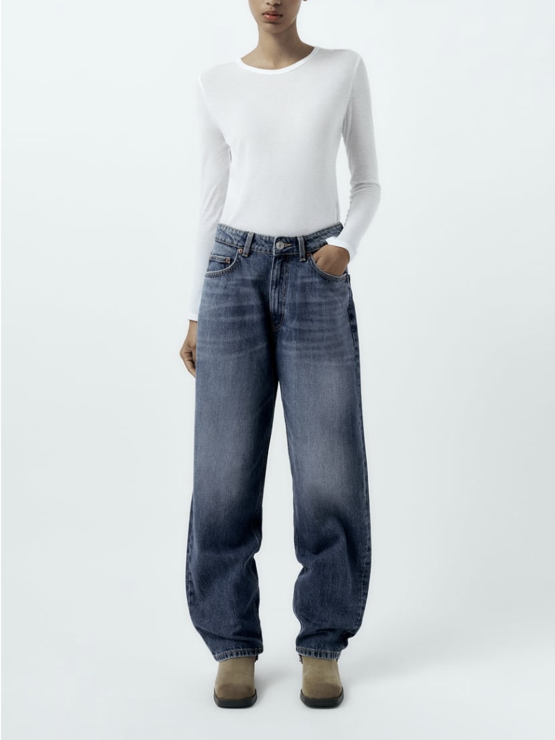 Women Mid Rise Balloon Jeans Dark Blue Washed Jeans