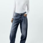 Women Mid Rise Balloon Jeans Dark Blue Washed Jeans -
