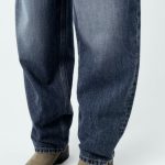 Women Mid Rise Balloon Jeans Dark Blue Washed Jeans -